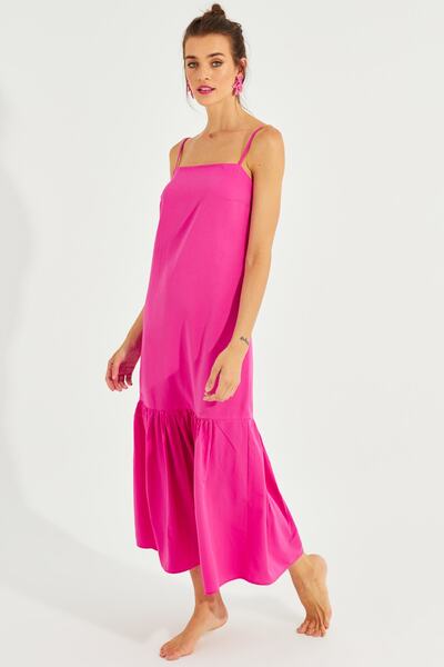 Cool & Sexy Women's Fuchsia Skirt Flounced Strap Midi Dress MEN2001