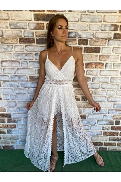 NUR TEKSTİL Kadın Beyaz Şortlu italyan Kumaş dantel Detaylı Arka Beli Lastikl...