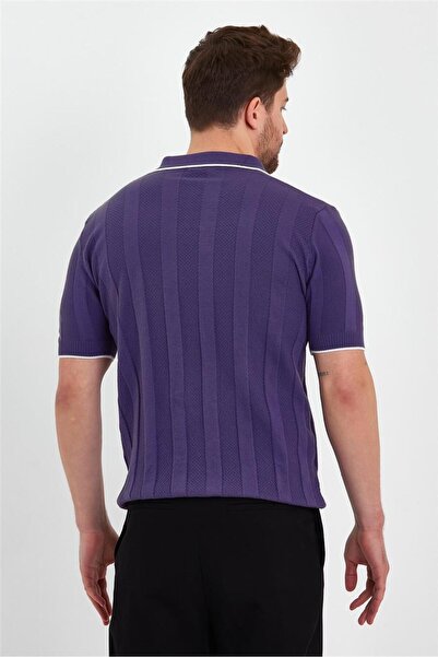 Tarz Cool Μωβ ανδρικό πλεκτό μπλουζάκι πόλο με ριγέ λαιμόκοψη-TRZ19109R03S
