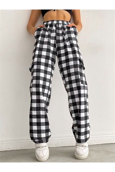 Gofeel Y2K UNISEX ELASTIC WAIST CARGO POCKET DETAIL BLACK AND WHITE PLAID PANTS