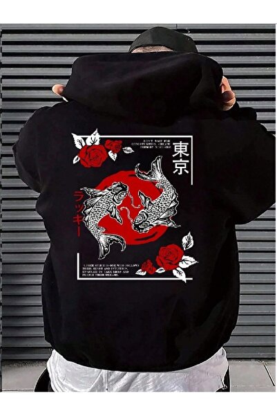 MOONBULL Unisex Japanese Back Printed Black Hooded Sweatshirt