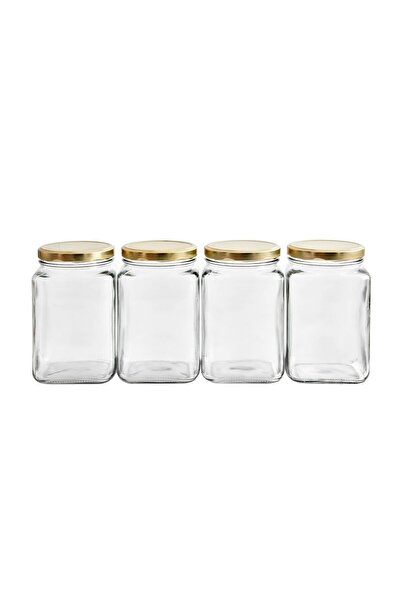 Sarkap 4'lü 1600 ml Köşeli Kapaklı Cam Kavanoz - Gold Kapak