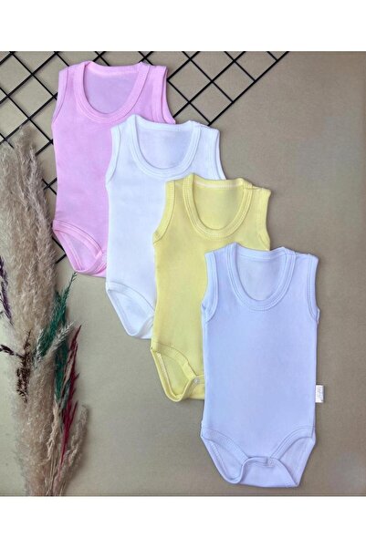 Unisex Bebek Basic Bisiklet Yaka %100 Pamuk Çıtçıtlı 4'lü Kolsuz Badi,Zıbın