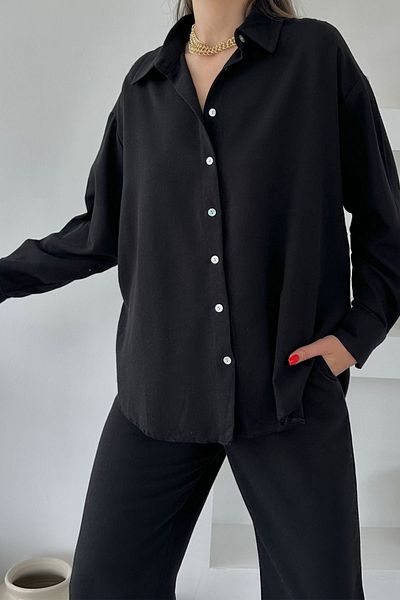 Seda Yalçın Atelier Black Waist Stitched Linen Set with Wide Leg Shirt