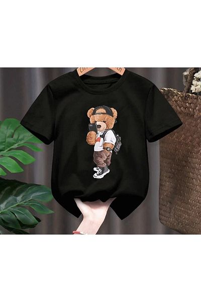 Revasser Unisex Teddy Bear Speciální potištěné dívčí/chlapecké tričko s česanou bavlnou a výstřihem
