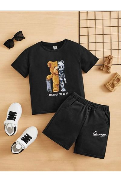 Revasser Tricou unisex fată/băiat SCHIMBARE personalizat imprimat din bumbac pieptănat cu decolteu rotund - Set de pantaloni scurți