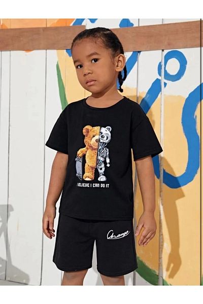Revasser Tricou unisex fată/băiat SCHIMBARE personalizat imprimat din bumbac pieptănat cu decolteu rotund - Set de pantaloni scurți
