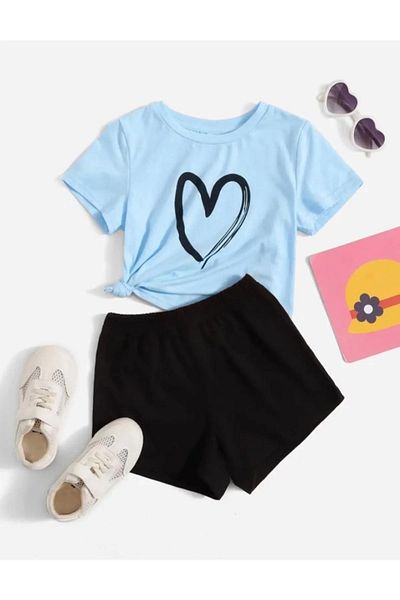 Revasser Girl's Heart Special Printed Combed Cotton Crew Neck T-Shirt - Shorts Set