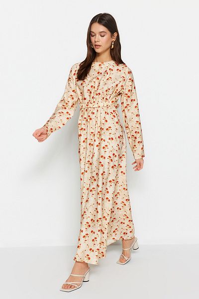 Trendyol Modest Μπεζ φλοράλ μοτίβο μέσης λεπτομερές υφαντό φόρεμα TCTSS23EB00280