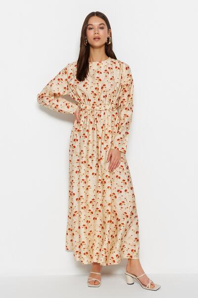 Trendyol Modest Μπεζ φλοράλ μοτίβο μέσης λεπτομερές υφαντό φόρεμα TCTSS23EB00280