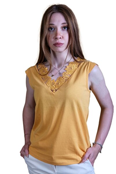 Blues Outlet FEMEI GULER DANTELĂ FĂRĂ MÂNECĂ BLUZ-MUSTARD