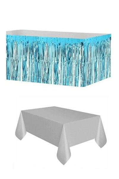 FOKUL مفرش طاولة بلاستيكي فضي - تنورة طاولة ميتايز زرقاء