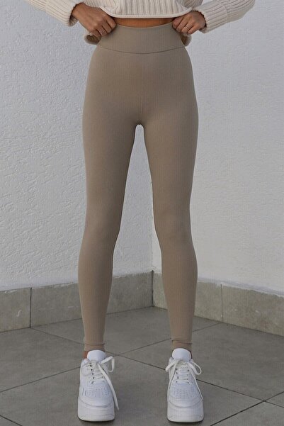 Kadın Modası Μπεζ κοτλέ εφέ σύσφιξης Ψηλόμεσο καλοκαιρινό κολάν