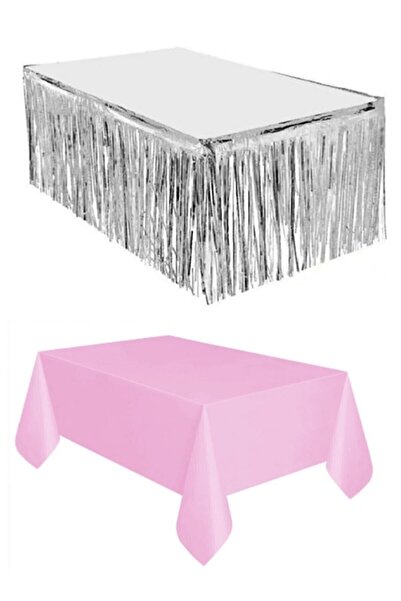 FOKUL مفرش طاولة بلاستيك وردي - تنورة طاولة معدنية فضية