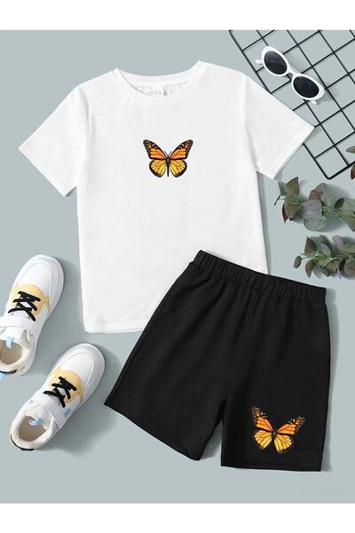 Revasser تي شيرت بناتي برقبة دائرية من القطن الممشط مطبوع بشكل فراشة - طقم شورت