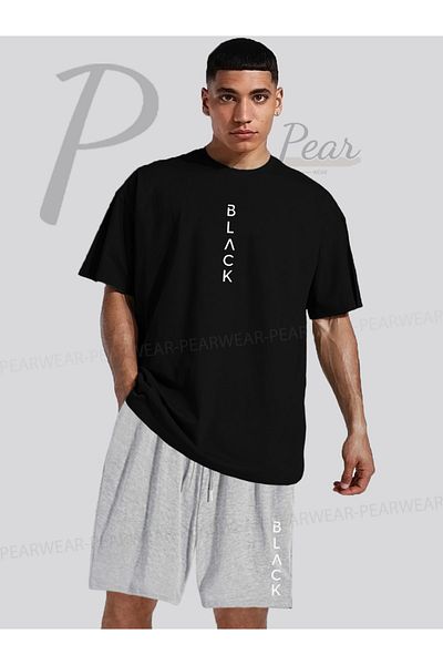 Pear Wear BLACK Printed Oversize T-Shirt Regular Fit Shorts T-Shirt Shorts Double Set