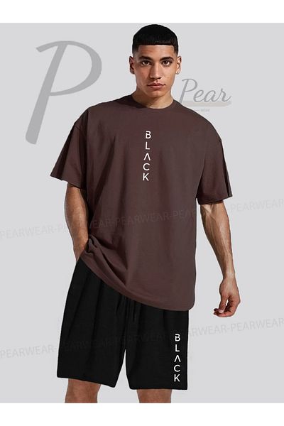 Pear Wear ЧЕРНА тениска с надпис с принтове, стандартни къси панталони, тениска, къси панталони, двоен комплект