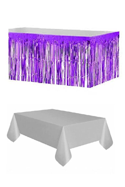 FOKUL مفرش طاولة بلاستيك فضي - تنورة طاولة معدنية أرجوانية