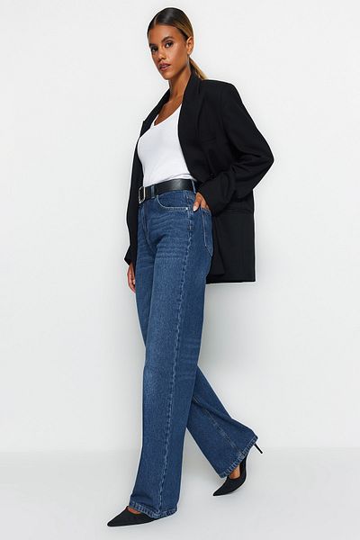 Trendyol Collection Sötétkék, magas derekú, széles lábú farmernadrág TWOAW24JE00074