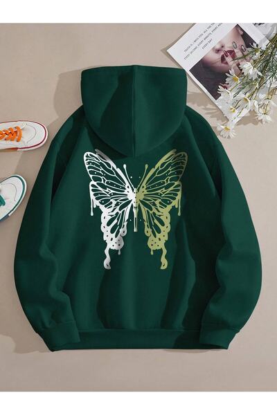 Revasser Kadın Kelebek Baskılı Oversize Kapüşonlu Sweatshirt