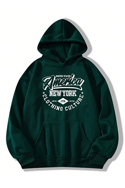 Revasser Hanorac oversize cu glugă, unisex, verde kaki, cu imprimeu America