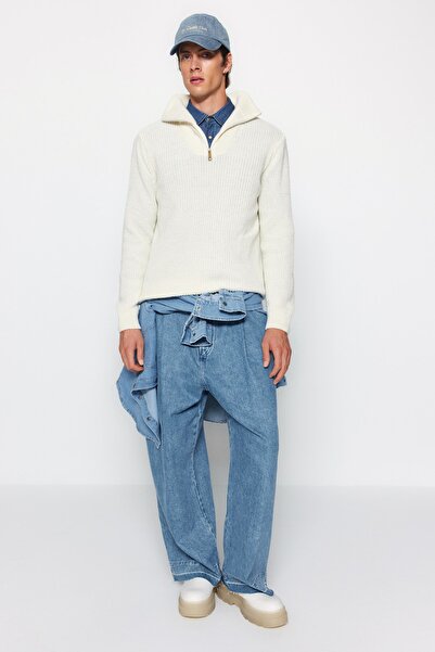 Trendyol Collection Πλεκτό πουλόβερ με φερμουάρ εκρού ζιβάγκο - κανονική εφαρμογή TMNAW22KZ0347