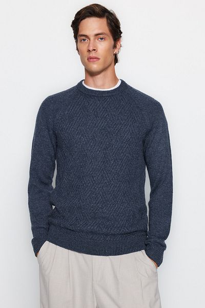 Trendyol Collection Unisex Indigo πλεκτό πουλόβερ - μαλλί, λαιμόκοψη, μανίκι Raglan, ανάγλυφη - TMNAW22KZ0290