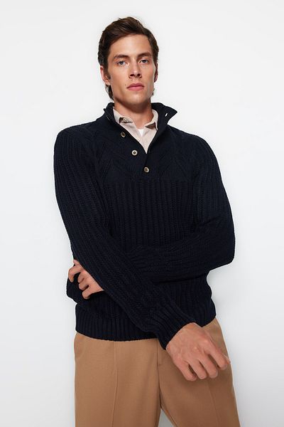 Trendyol Collection Marineblauer Unisex-Wollstrickpullover – geknöpft, halber Rollkragenpullover TMNAW22KZ0327