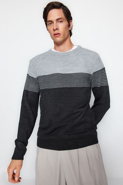 Trendyol Collection Gray Slim Fit Slim Fit Crew Neck Color Block Sweater Tmnaw21Kz0543