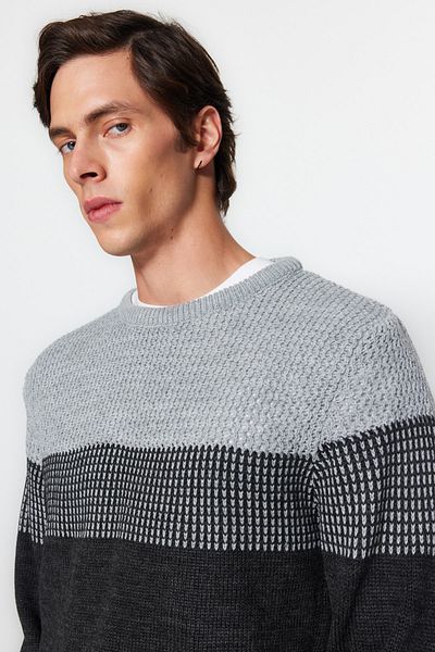 Trendyol Collection Gray Slim Fit Slim Fit Crew Neck Color Block Sweater Tmnaw21Kz0543