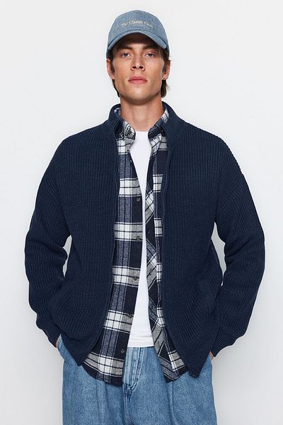 Trendyol Collection Indigo Regular Fit - Basic Knitwear Cardigan with Zipper and Pockets TMNAW24HI00002