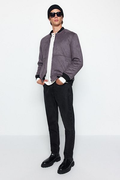 Trendyol Collection Suede Bomber Collar Jacket Coat - Anthracite, Regular Fit TMNAW24MO00029