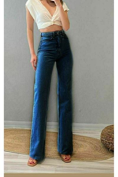 Trn JNS Pantaloni Palazzo cu blugi largi cu talie super înaltă din Lycra albastră din anii 90. (super Înalt) Picior Lat