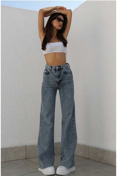 Trn JNS Oscar Medium Snow Blue Lycra Super High Waist Loose Jean Trousers. (Super High.) Wide Leg.