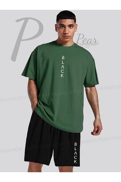 Pear Wear تي شيرت أسود كبير الحجم مطبوع بقصة عادية، طقم شورت تي شيرت مزدوج