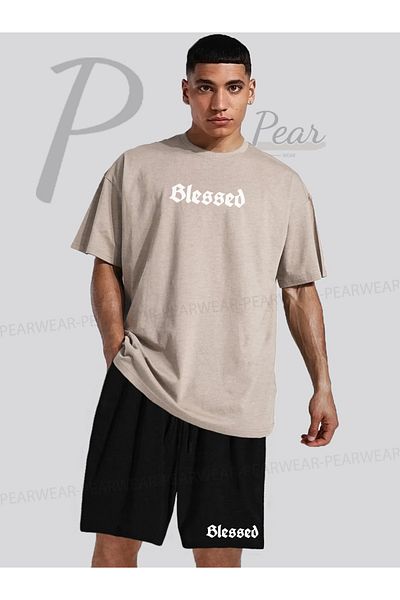 Pear Wear Blessed Printed Oversize T-Shirt Σορτς με κανονική εφαρμογή Σορτς T-Shirt Σετ διπλό