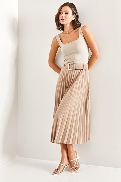 Bianco Lucci Women's Belted Pleated Long Skirt 7102