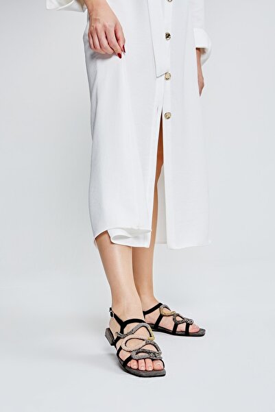 LAZAMANİ Aden Women's Black Leather Sandals