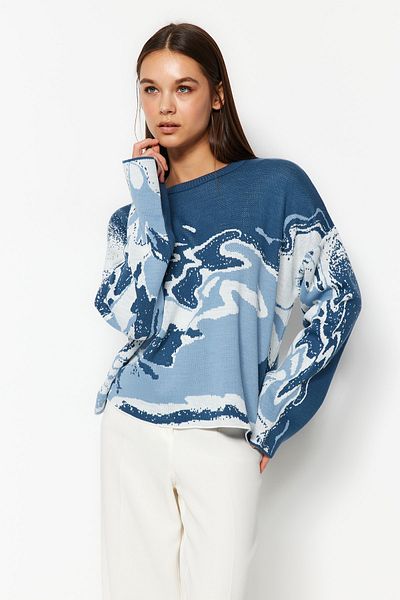Trendyol Collection Crew nyakú indigó kötöttáru pulóver - TWOAW24KZ00128