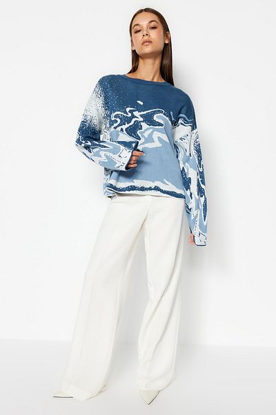 Trendyol Collection Crew nyakú indigó kötöttáru pulóver - TWOAW24KZ00128