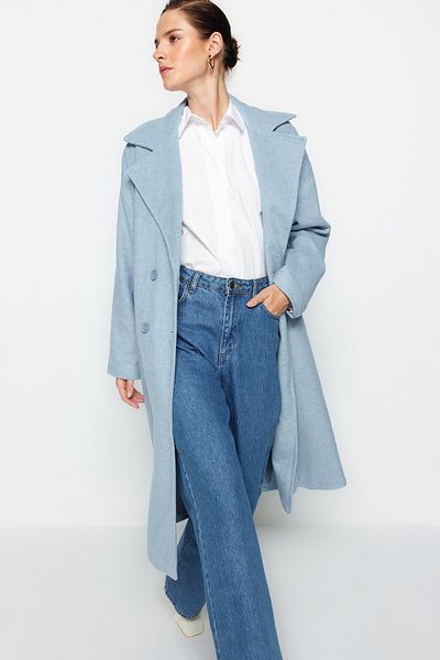 Trendyol Collection Blauer, übergroßer, weit geschnittener, langer Wollmantel mit Stempelmuster TWOAW21KB0038