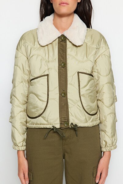 Trendyol Collection Water Repellent Quilted & Coat - Light Khaki Color, Blocky and Plush Collar Detail
