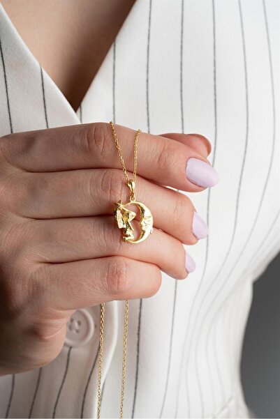Silvano Jewelry 925 Ayar Gold Perili Hilal Gümüş Kolye