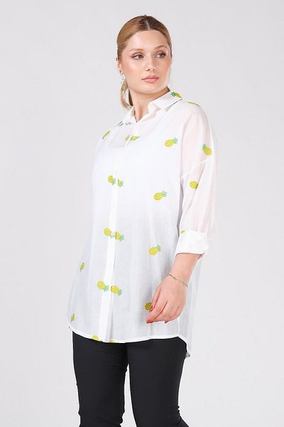 Giyim Dünyası Kafın Pineapple Embroidered Shirt Ecru