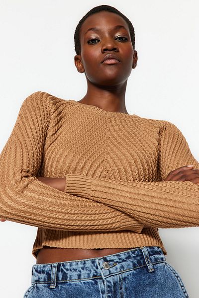 Trendyol Collection Трикотажен пуловер с кръгло деколте с камила TWOAW24KZ00765