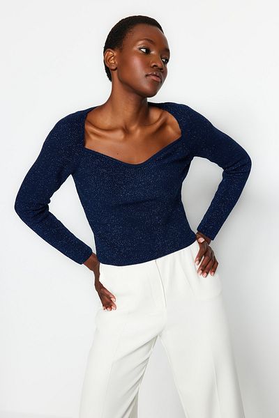 Trendyol Collection Navy Blue Glitter Detailed Knitwear Sweater TWOAW24KZ00954