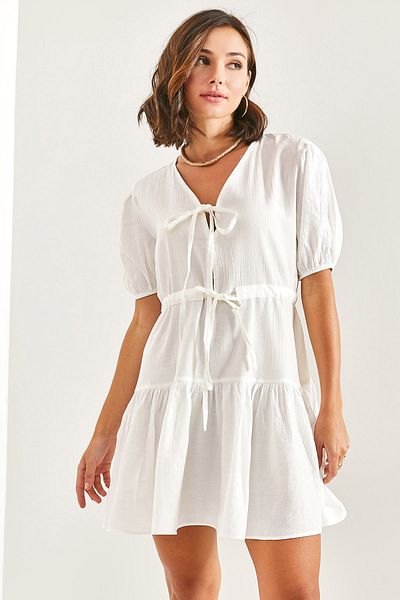 Bianco Lucci Women's Tie-Front Elastic Sleeve Dress
