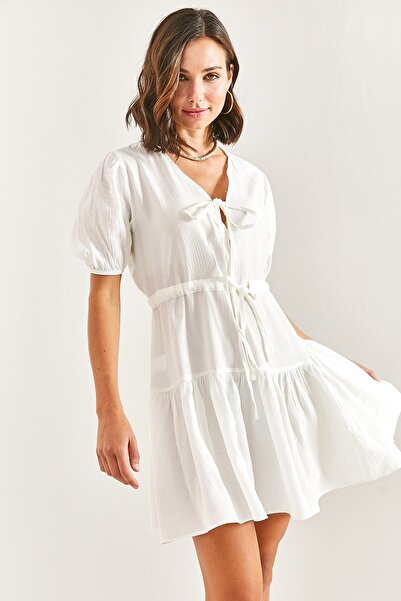 Bianco Lucci Γυναικείο φόρεμα με δέσιμο μπροστά με ελαστικό μανίκι