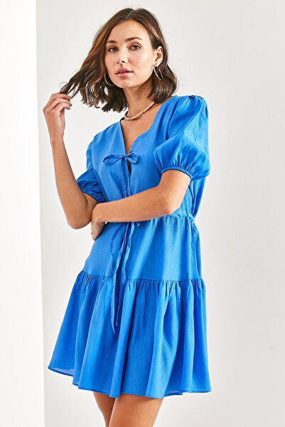 Bianco Lucci Rochie de damă cu mâneci elastice cu cravată în față