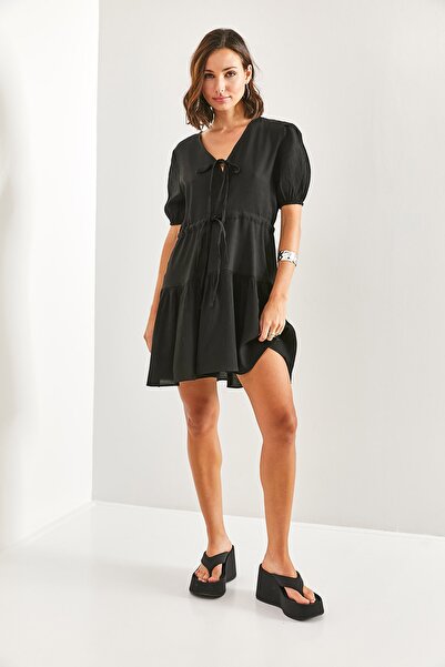 Bianco Lucci Dámské šaty s elastickým rukávem na zavazování vpředu